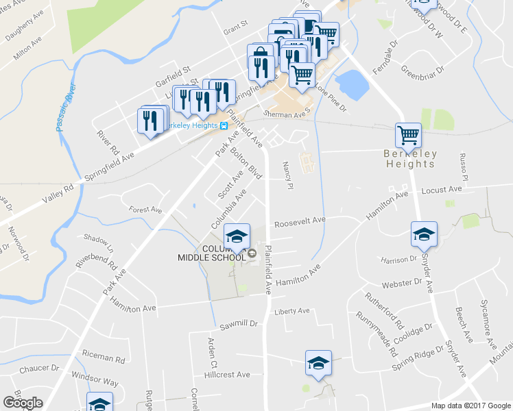 map of restaurants, bars, coffee shops, grocery stores, and more near 261 Berkeley Avenue in Berkeley Heights
