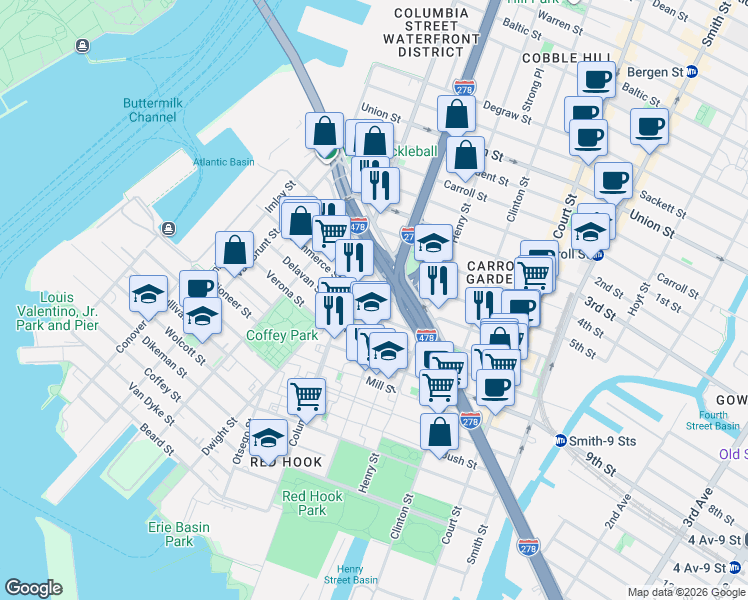 map of restaurants, bars, coffee shops, grocery stores, and more near 32 Luquer Street in Brooklyn