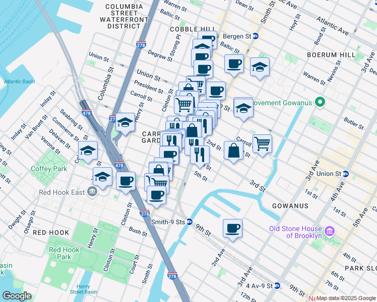 map of restaurants, bars, coffee shops, grocery stores, and more near 123 3rd Place in Brooklyn