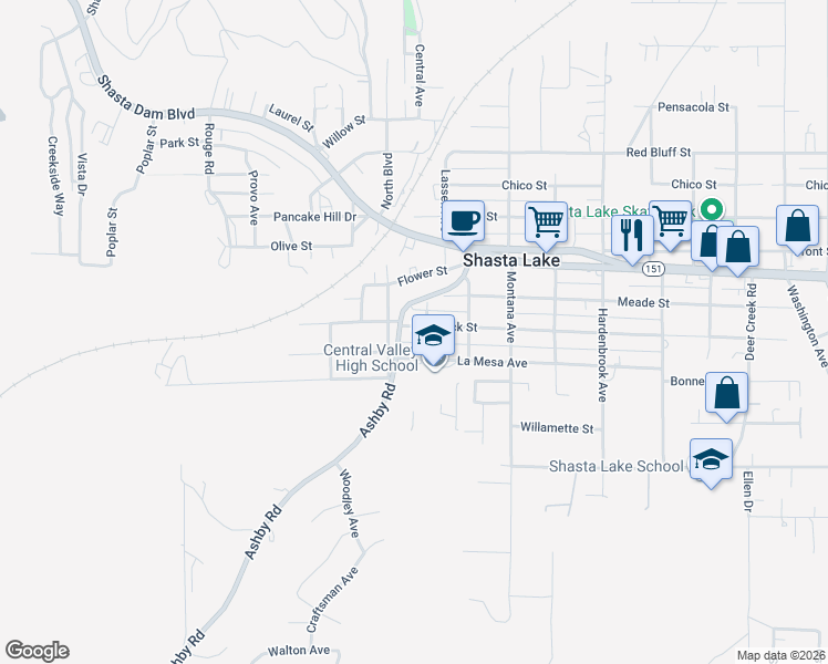 map of restaurants, bars, coffee shops, grocery stores, and more near 1805 Ashby Road in Shasta Lake
