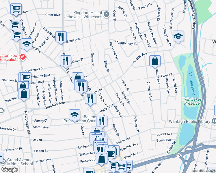map of restaurants, bars, coffee shops, grocery stores, and more near 2800 Beltagh Avenue in North Bellmore