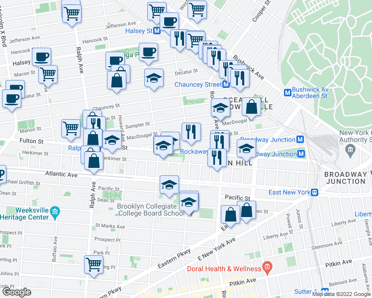map of restaurants, bars, coffee shops, grocery stores, and more near 2017 Fulton Street in Brooklyn