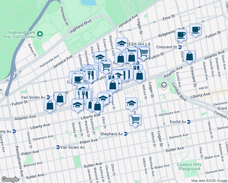 map of restaurants, bars, coffee shops, grocery stores, and more near Atlantic Avenue & Essex Street in Brooklyn