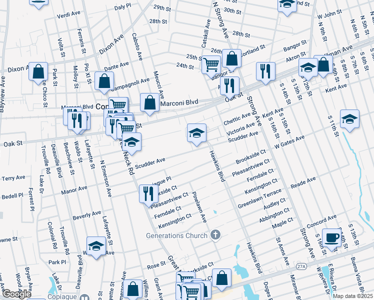 map of restaurants, bars, coffee shops, grocery stores, and more near 210 Scudder Avenue in Copiague