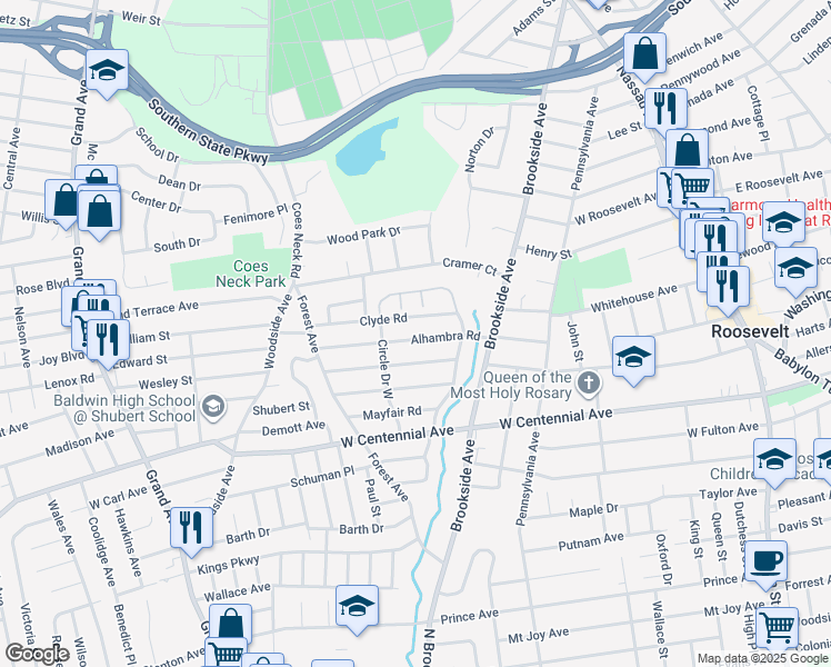 map of restaurants, bars, coffee shops, grocery stores, and more near 1045 Alhambra Road in Baldwin