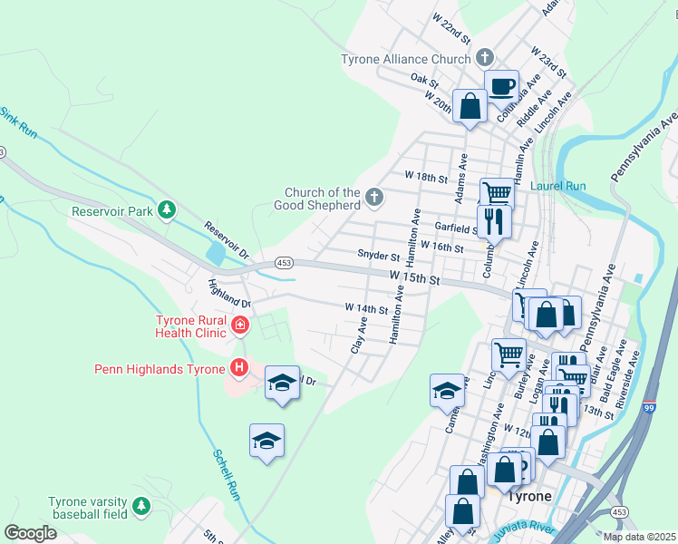 map of restaurants, bars, coffee shops, grocery stores, and more near 725 West 15th Street in Tyrone