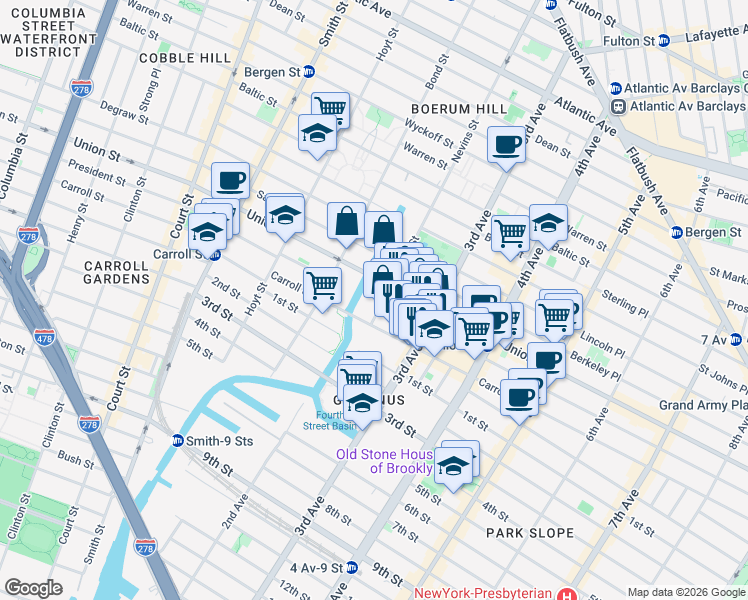 map of restaurants, bars, coffee shops, grocery stores, and more near 469 President Street in Brooklyn
