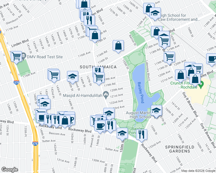 map of restaurants, bars, coffee shops, grocery stores, and more near 150-24 119th Road in Queens