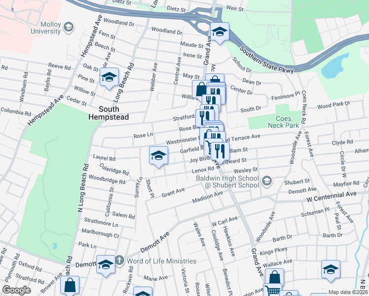 map of restaurants, bars, coffee shops, grocery stores, and more near 635 Garfield Road in Baldwin