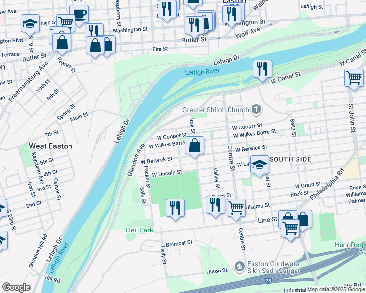 map of restaurants, bars, coffee shops, grocery stores, and more near 934 West Wilkes Barre Street in Easton