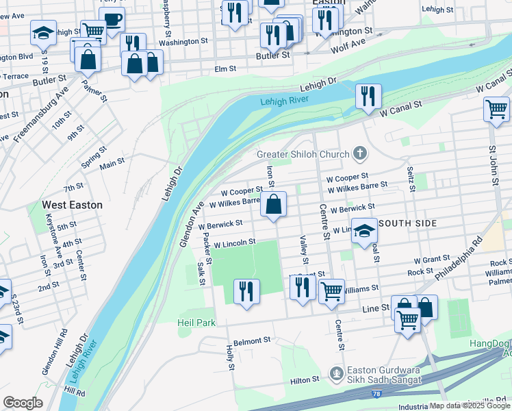 map of restaurants, bars, coffee shops, grocery stores, and more near 938 West Wilkes Barre Street in Easton