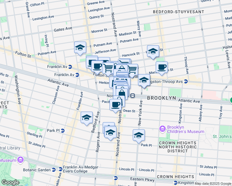 map of restaurants, bars, coffee shops, grocery stores, and more near 1221 Atlantic Avenue in Brooklyn
