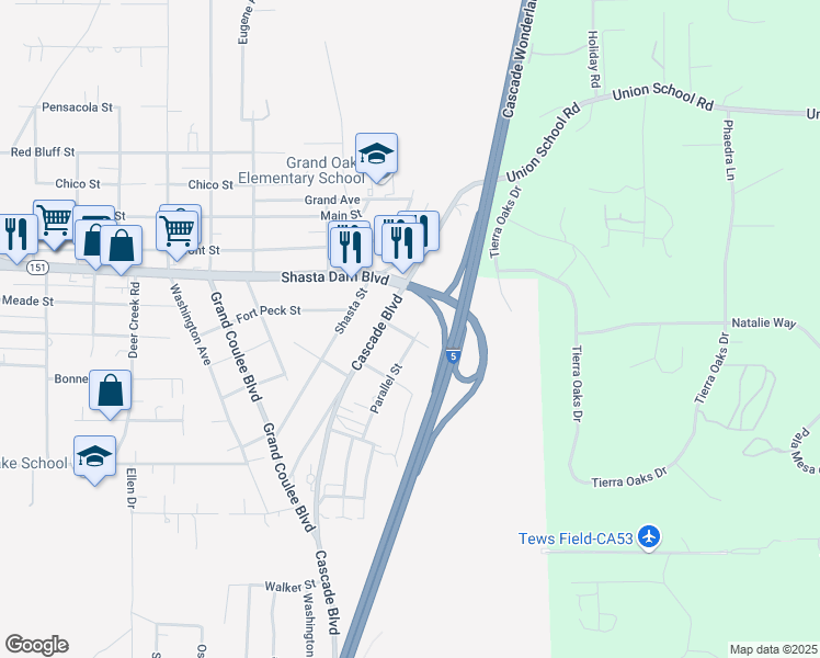 map of restaurants, bars, coffee shops, grocery stores, and more near 5329 2nd Street in Shasta Lake