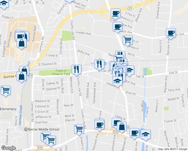 map of restaurants, bars, coffee shops, grocery stores, and more near 95 Ireland Place in Amityville