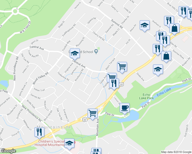 map of restaurants, bars, coffee shops, grocery stores, and more near 253 Central Ave in Mountainside