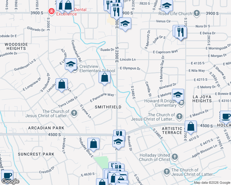 map of restaurants, bars, coffee shops, grocery stores, and more near 2291 East Panorama Way in Holladay