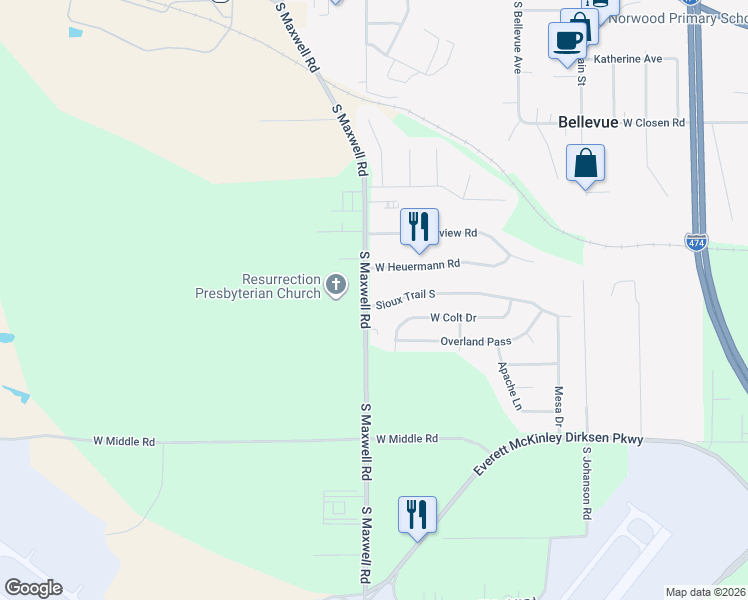 map of restaurants, bars, coffee shops, grocery stores, and more near 6023 Sioux Trail South in Bartonville