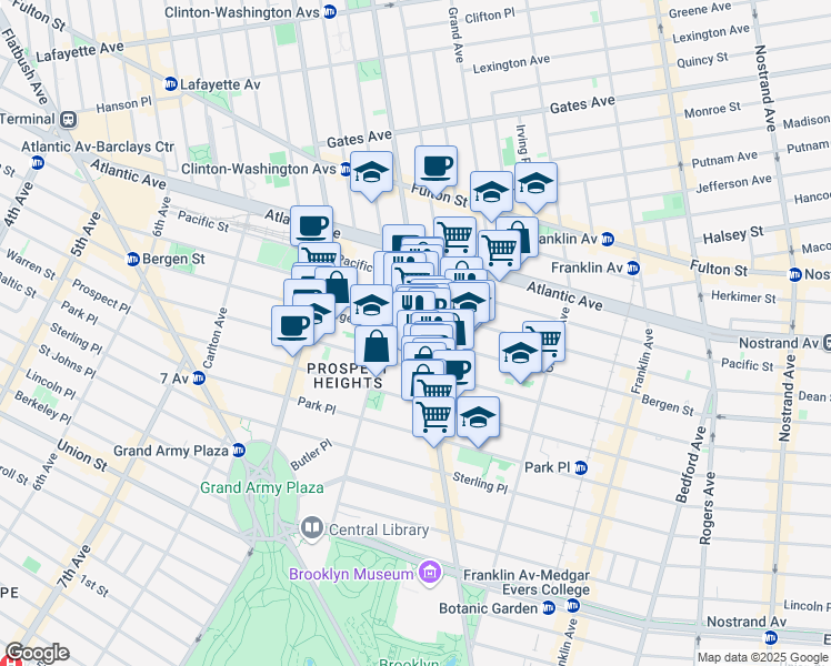 map of restaurants, bars, coffee shops, grocery stores, and more near 751 Bergen Street in Brooklyn