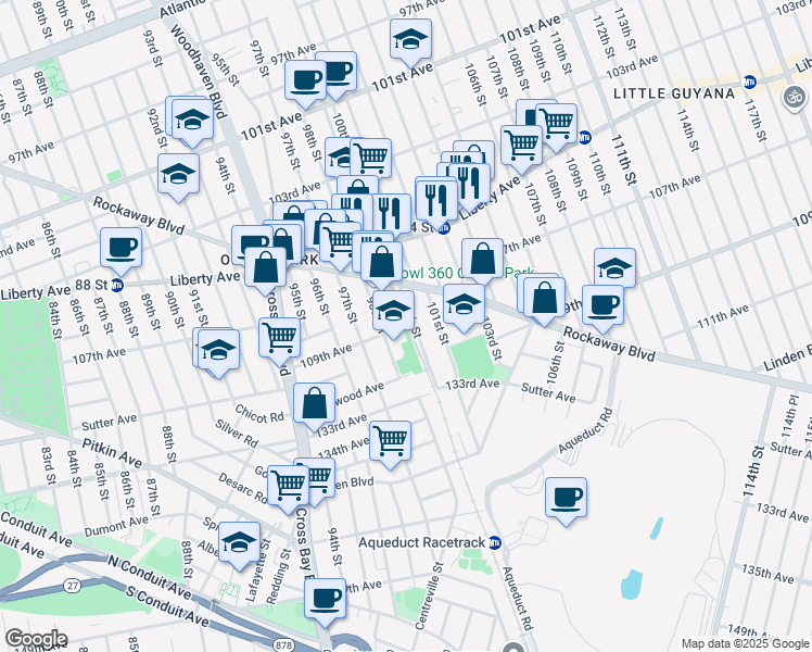 map of restaurants, bars, coffee shops, grocery stores, and more near 10002 100th Street in Queens