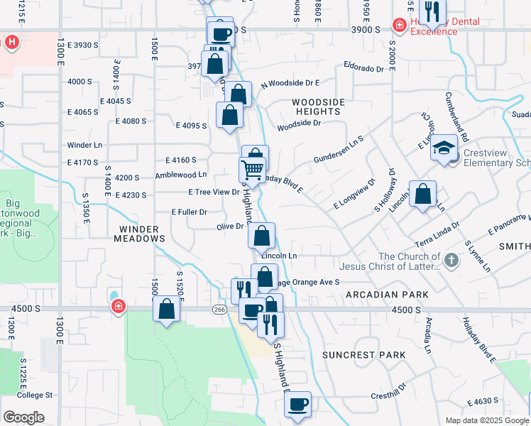 map of restaurants, bars, coffee shops, grocery stores, and more near 1786 Grover Lane South in Holladay