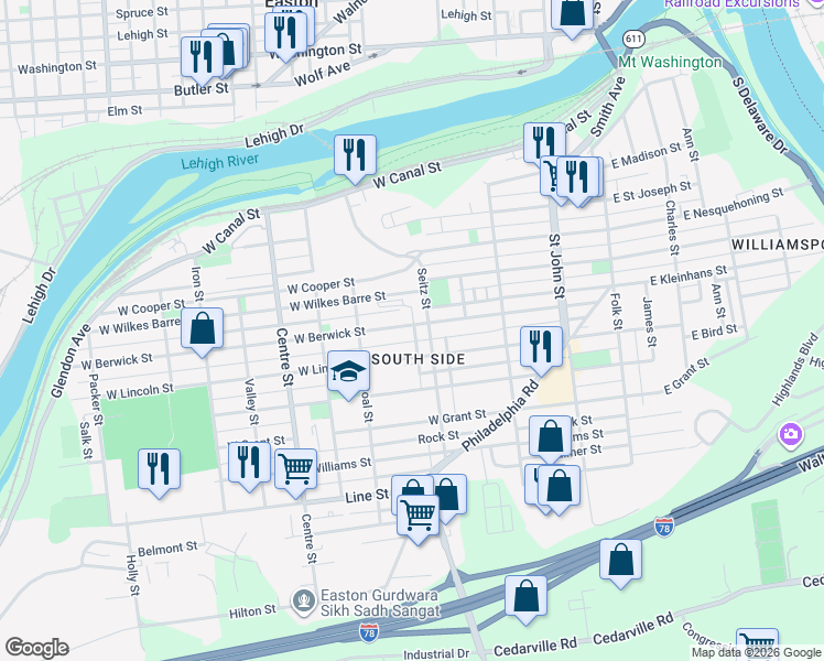 map of restaurants, bars, coffee shops, grocery stores, and more near 422 West Berwick Street in Easton