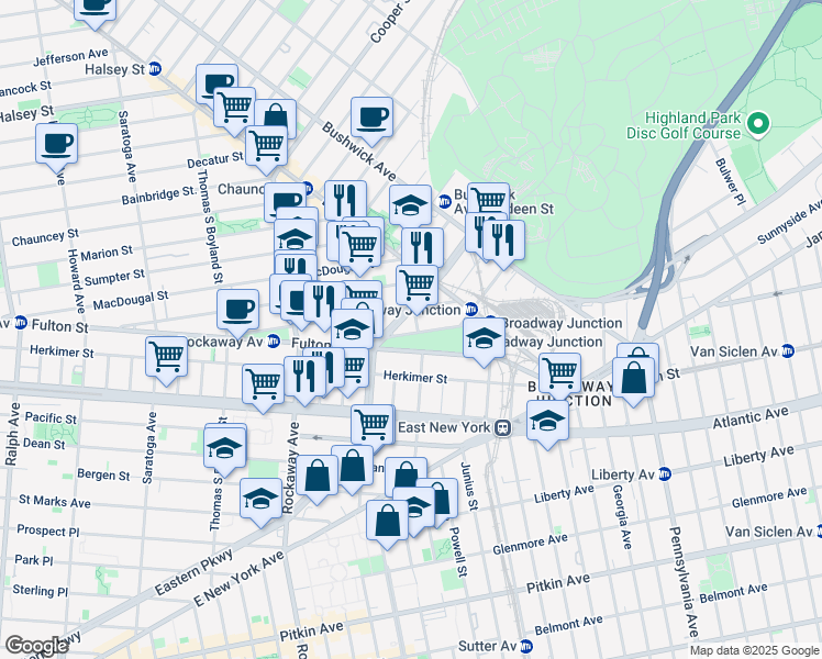 map of restaurants, bars, coffee shops, grocery stores, and more near 81 Truxton Street in Brooklyn
