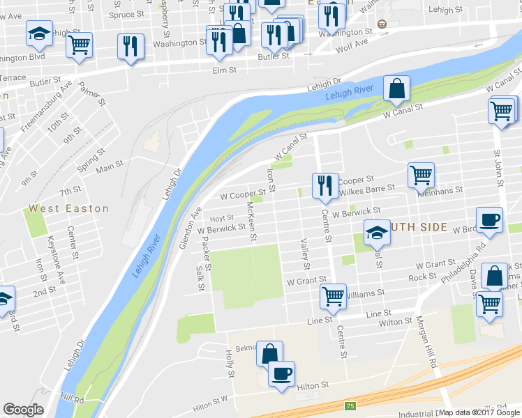 map of restaurants, bars, coffee shops, grocery stores, and more near 928 West Wilkes Barre Street in Easton