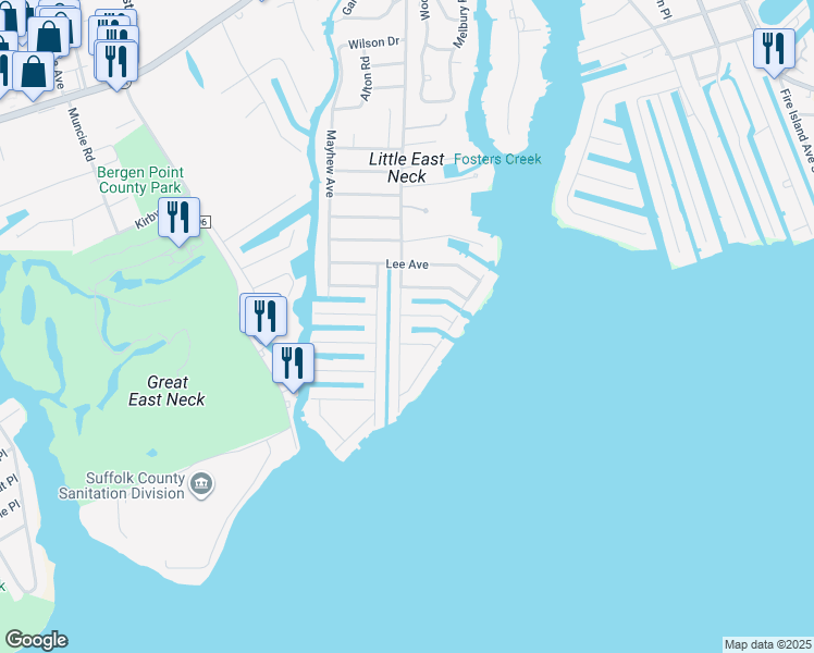 map of restaurants, bars, coffee shops, grocery stores, and more near 405 Little East Neck Road South in Babylon