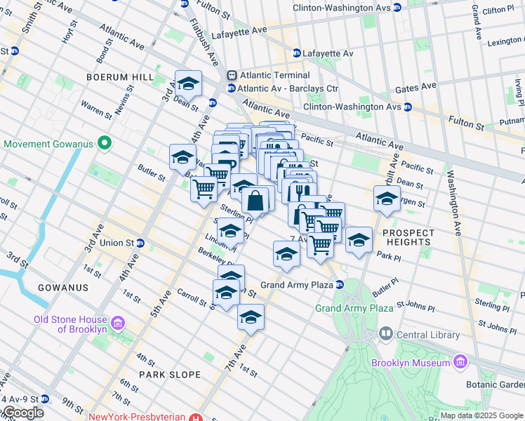 map of restaurants, bars, coffee shops, grocery stores, and more near Park Place in Brooklyn