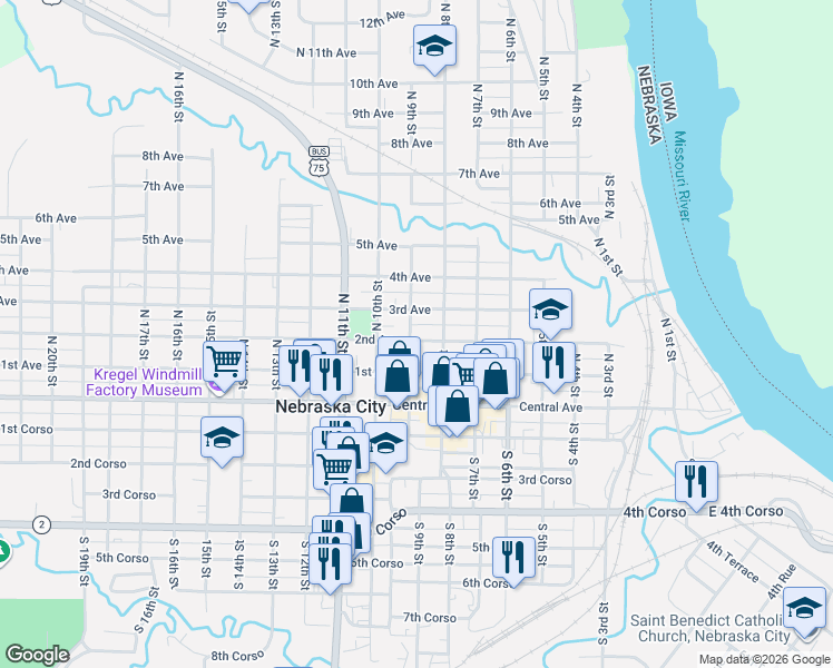 map of restaurants, bars, coffee shops, grocery stores, and more near 304 North 9th Street in Nebraska City