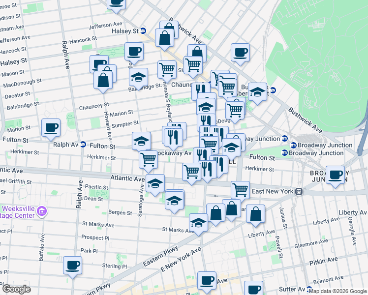 map of restaurants, bars, coffee shops, grocery stores, and more near 21 Somers Street in Brooklyn