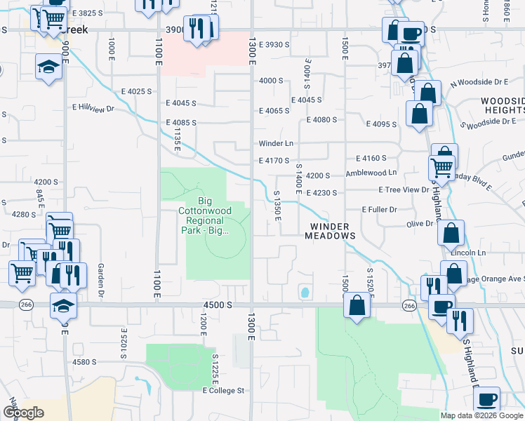map of restaurants, bars, coffee shops, grocery stores, and more near 4271 South 1300 East in Millcreek