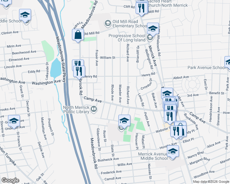 map of restaurants, bars, coffee shops, grocery stores, and more near 1611 Maeder Avenue in Merrick