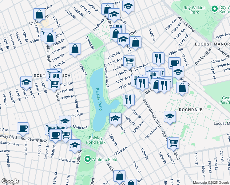 map of restaurants, bars, coffee shops, grocery stores, and more near 160-24 121st Avenue in Queens