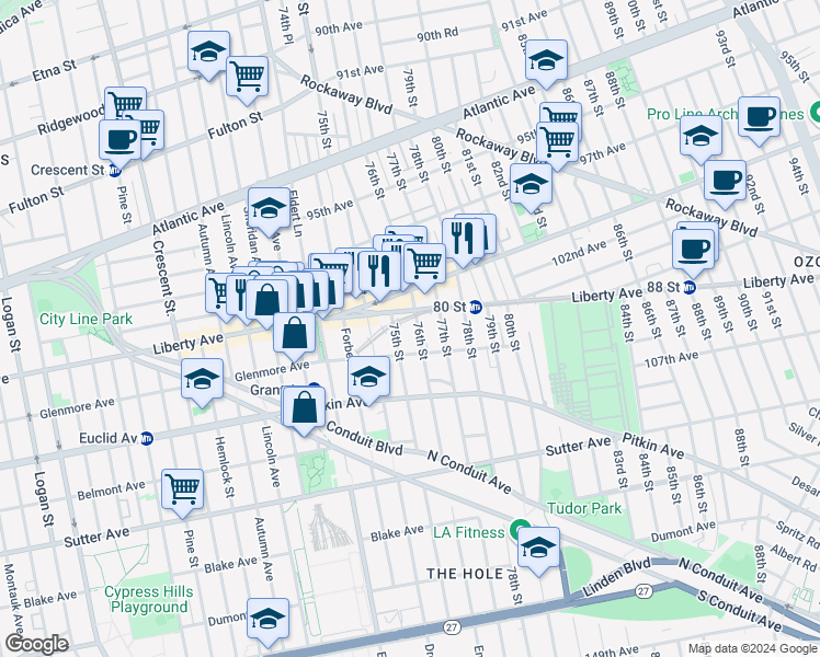 map of restaurants, bars, coffee shops, grocery stores, and more near 105-24 76th Street in Queens