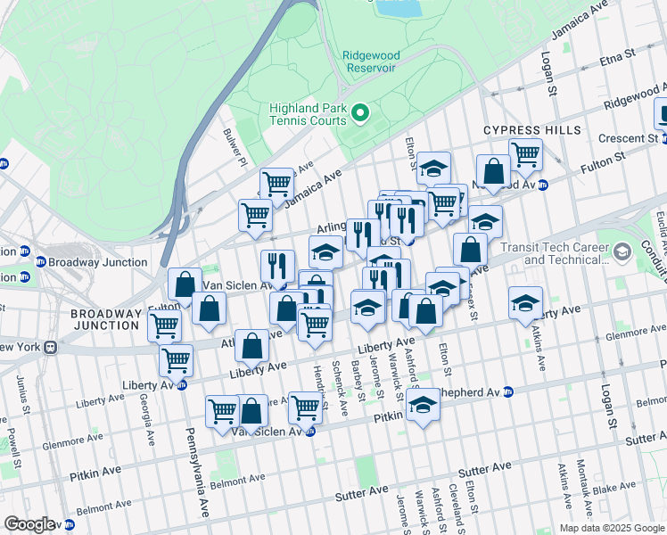 map of restaurants, bars, coffee shops, grocery stores, and more near 2876 Fulton Street in Brooklyn