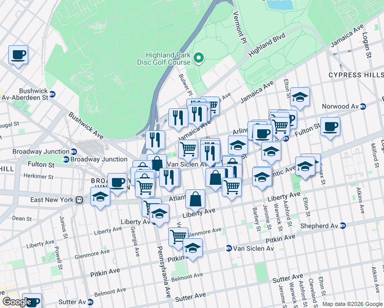 map of restaurants, bars, coffee shops, grocery stores, and more near 118 Miller Avenue in Brooklyn