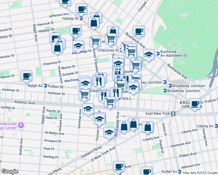 map of restaurants, bars, coffee shops, grocery stores, and more near 27 Somers Street in Brooklyn