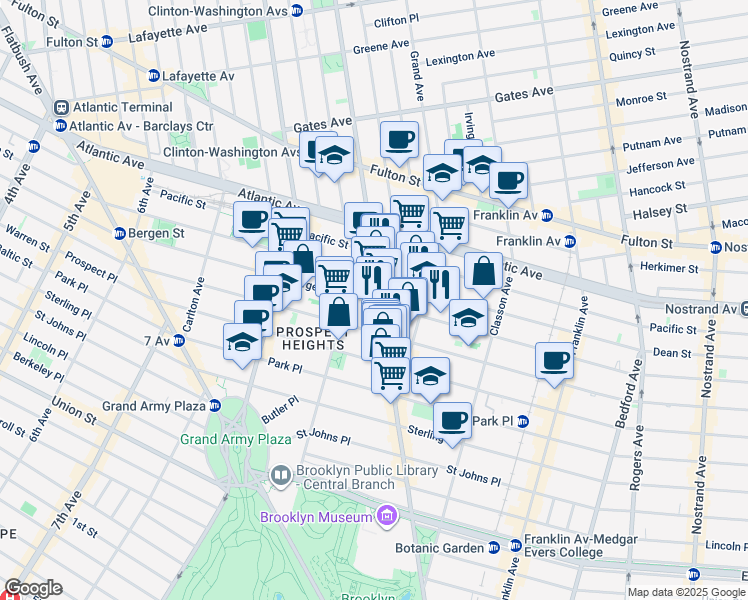 map of restaurants, bars, coffee shops, grocery stores, and more near 751 Bergen Street in Brooklyn