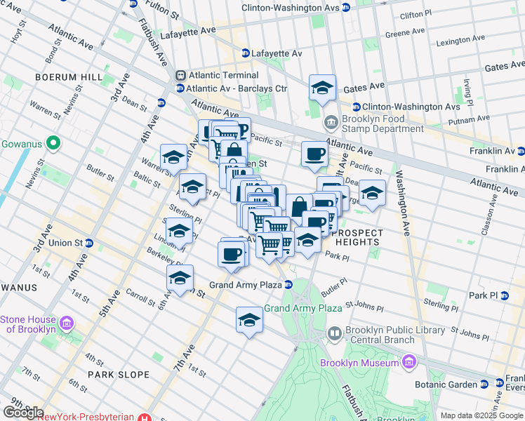 map of restaurants, bars, coffee shops, grocery stores, and more near 631 Carlton Avenue in Brooklyn