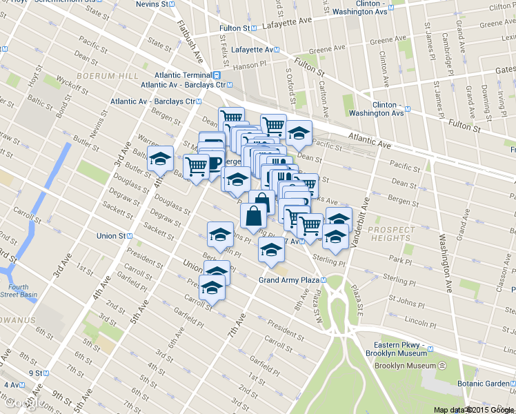 map of restaurants, bars, coffee shops, grocery stores, and more near 80 Park Place in Brooklyn