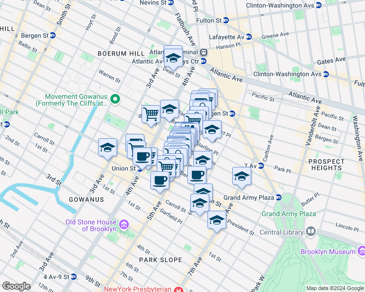 map of restaurants, bars, coffee shops, grocery stores, and more near 398 Douglass Street in Brooklyn