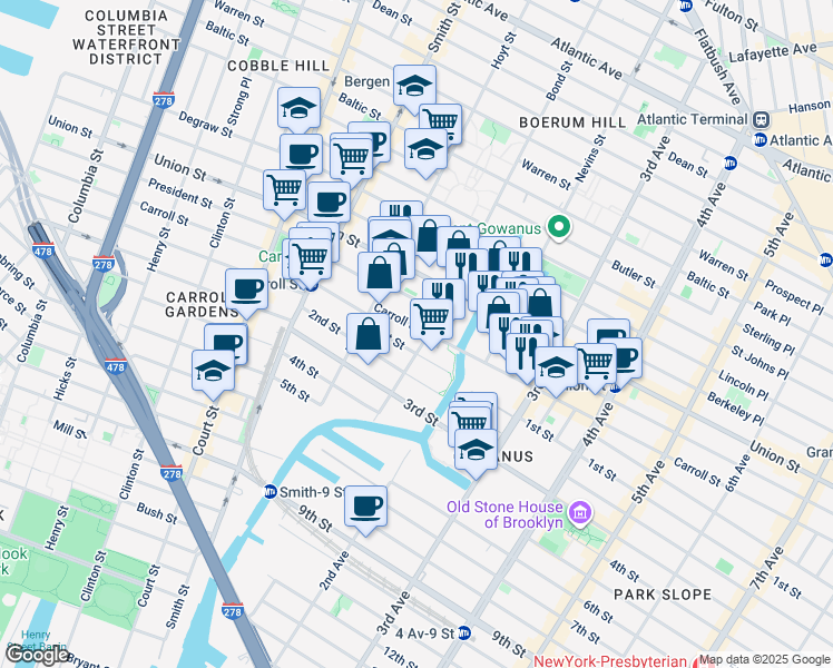 map of restaurants, bars, coffee shops, grocery stores, and more near 347 Bond Street in Brooklyn