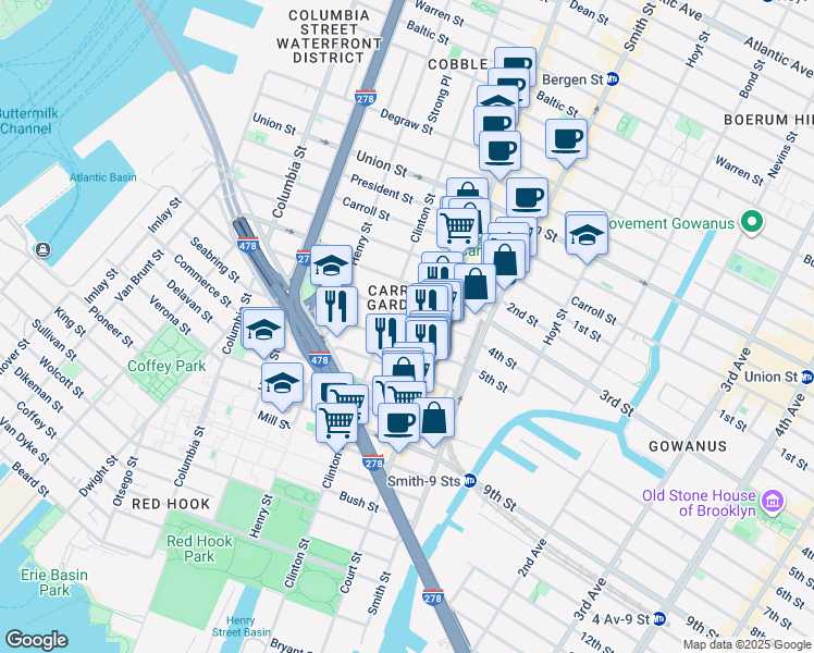 map of restaurants, bars, coffee shops, grocery stores, and more near 61 4th Place in Brooklyn