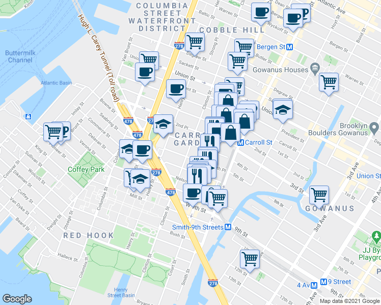 map of restaurants, bars, coffee shops, grocery stores, and more near 61 4th Place in Brooklyn