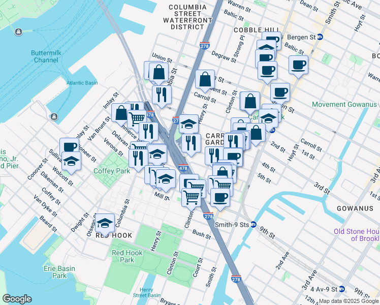 map of restaurants, bars, coffee shops, grocery stores, and more near in Brooklyn