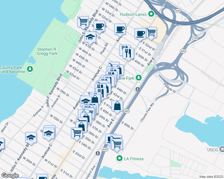 map of restaurants, bars, coffee shops, grocery stores, and more near 905 Broadway in Bayonne