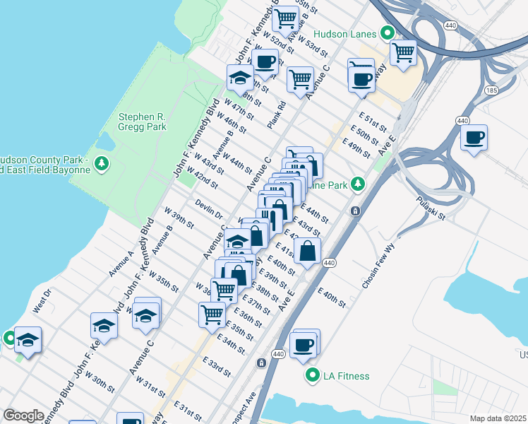 map of restaurants, bars, coffee shops, grocery stores, and more near 26-28 East 42nd Street in Bayonne