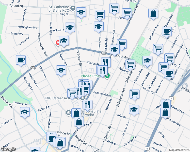 map of restaurants, bars, coffee shops, grocery stores, and more near 664 Newark Avenue in Elizabeth