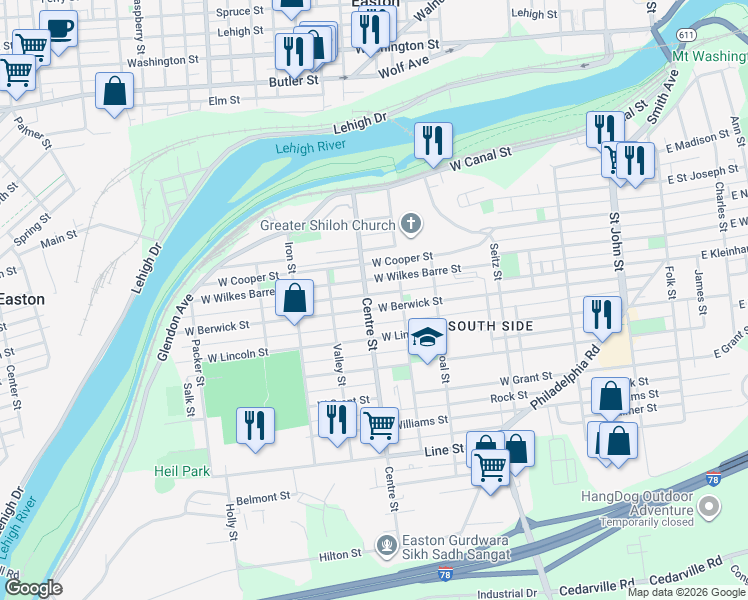 map of restaurants, bars, coffee shops, grocery stores, and more near 627 West Berwick Street in Easton
